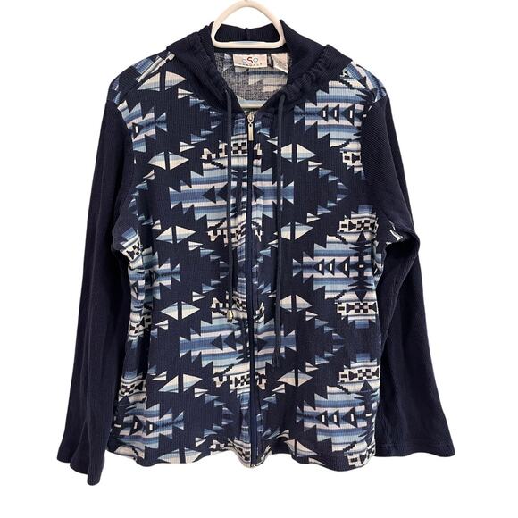 oSo Casuals 3X Zip Hoodie Blue Tribal Aztec Print Waffle Knit Plus Size Jacket - Picture 1 of 15